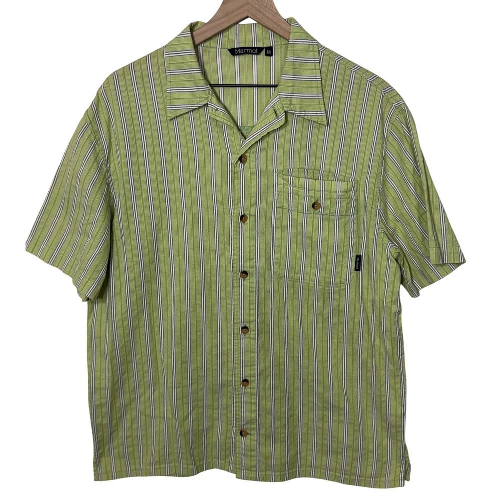 Marmot Button Up Shirt Mens Medium‎ Green Striped Short Sleeve Cotton Gorpcore